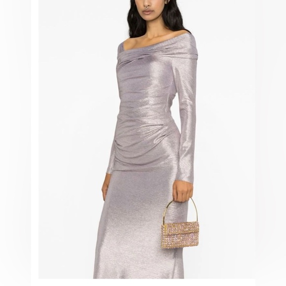 Talbot Runhof Off-shoulder Long Sleeve Silver Gown 36 - Picture 2 of 4